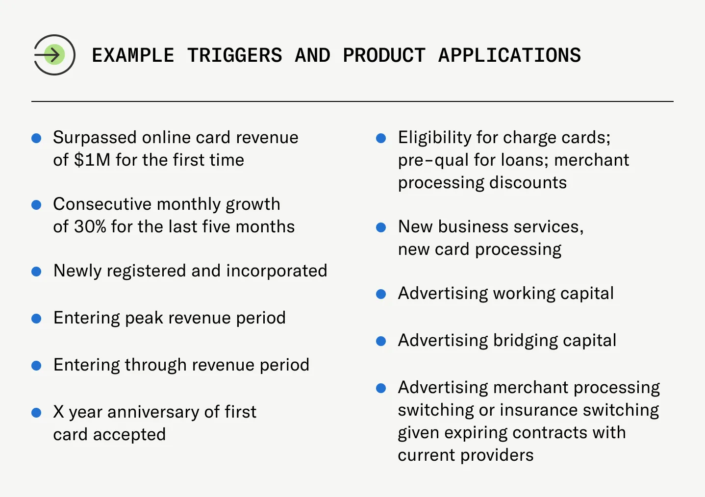 Examples of business triggers and product applications