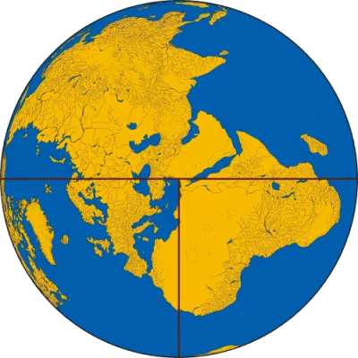 An orthographic projection of Earth with Jerusalem as the center rotated by 45º counter-clockwise. Source: Wikimedia, public domain.