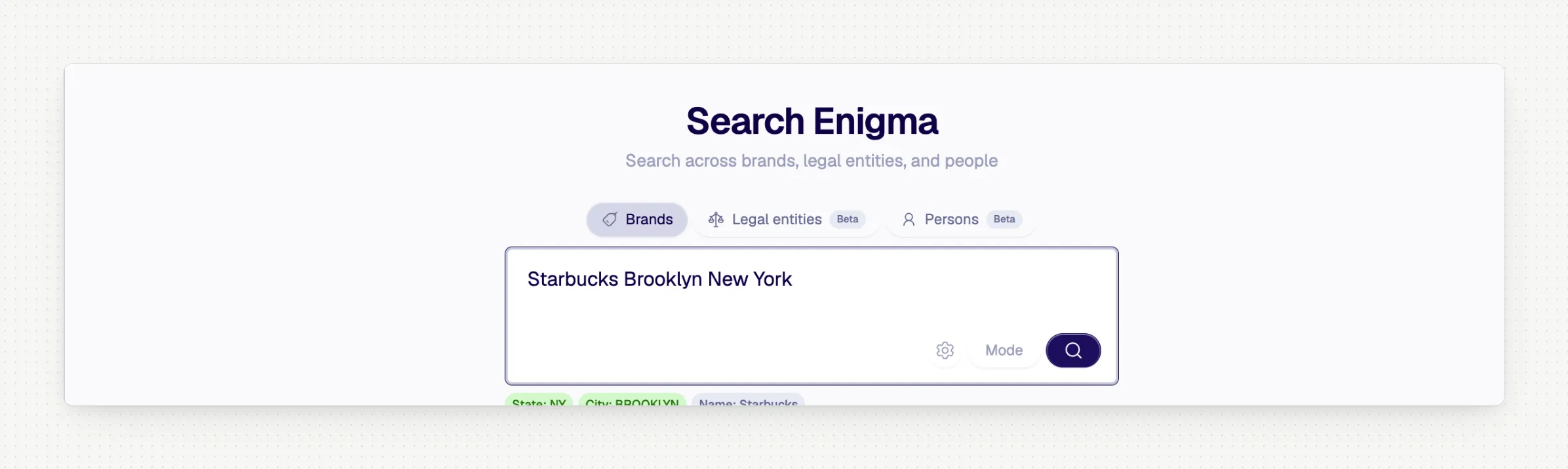 Enigma Console search parsing “Starbucks Brooklyn New York” into structured fields: State: NY, City: BROOKLYN, Name: Starbucks