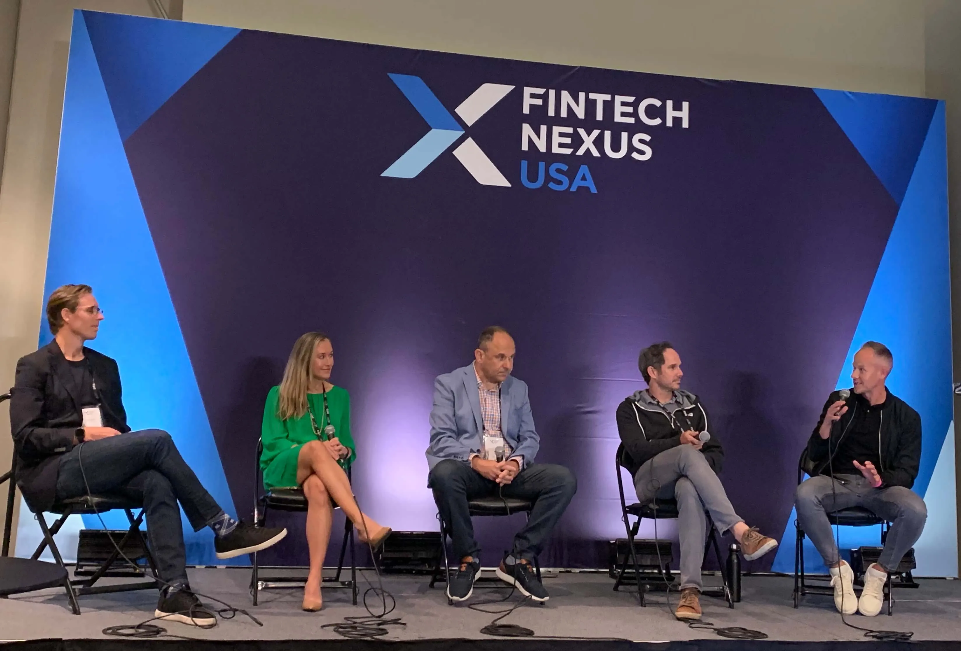 Creating a Virtuous Fintech Ecosystem for Small Businesses session, Fintech Nexus 2022. Speakers pictured left to right: Rob Daniel, Director, Product Management, Intuit Quickbooks; Tui Allen, Director of Product, Shopify; Cetin Duransoy, COO, Fundbox; Luke Voiles, Square Banking, Block; Brock Blake, CEO &amp; Cofounder, Lendio