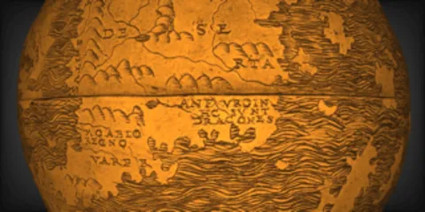 Detail from the Hunt-Lenox Globe 1510 CE with the inscription at the center stating H(i)c Sunt Dracones: Here Be Dragons. Source: New York Public Library / University of Rochester, public domain.