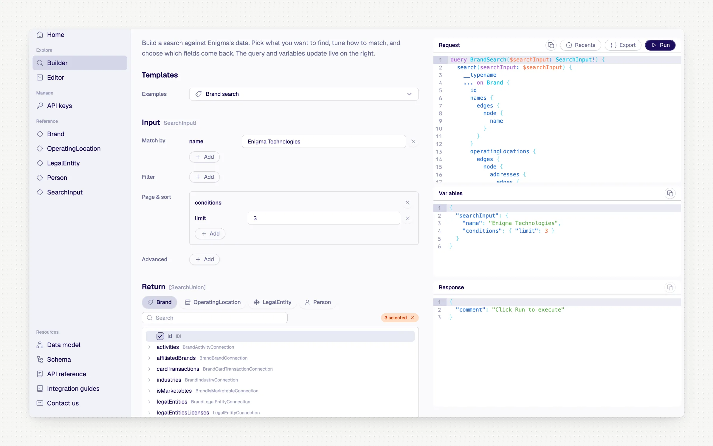Enigma API Playground: visual query builder with entity type browser, live GraphQL preview, and response panel